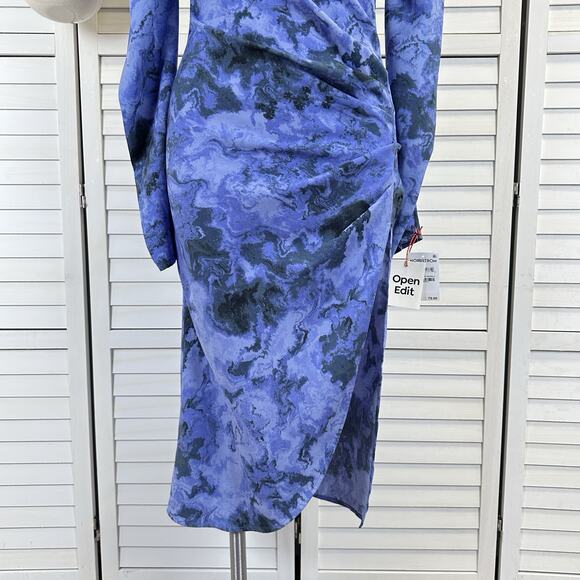 New Open Edit‎ Marbled Long Sleeve Midi Dress Blue Geode Slit Puff Sleeve Size S - Picture 4 of 11